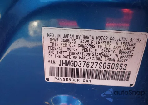 2007 Honda Fit Sport from USA, damaged, VIN JHMGD37627S050653
